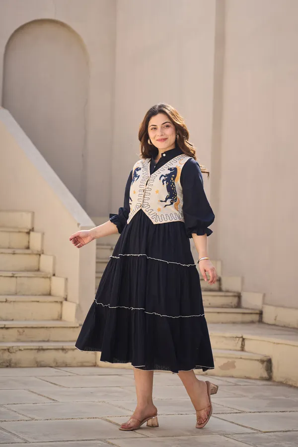Navy_Cotton_Tiered_Dress_With_Embroidered_Jacket_Set_For_Women
