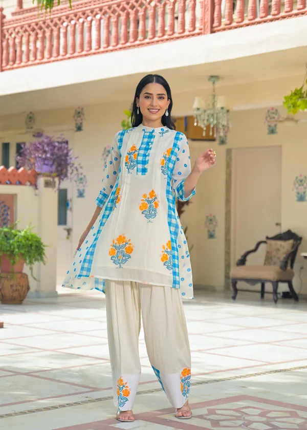White_Blue_Cotton_A-Line_Floral_Check_Print_Kurta_Palazzo_Set_For_Women