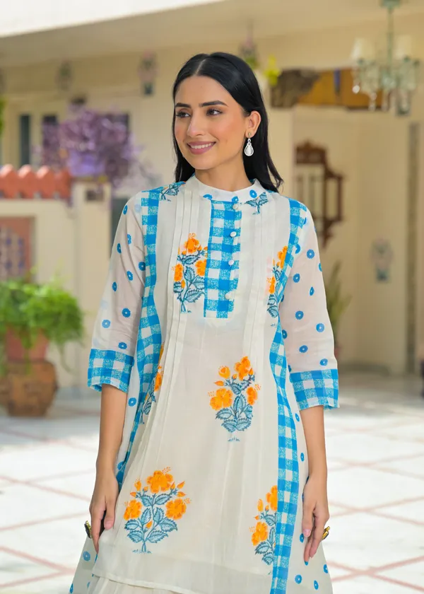 White_Blue_Cotton_A-Line_Floral_Check_Print_Kurta_Palazzo_Set_For_Women
