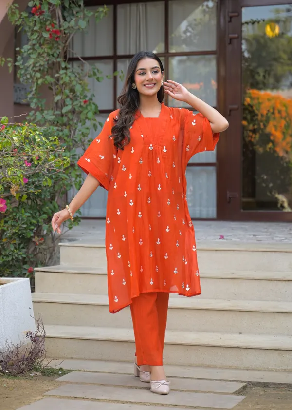 Orange_Cotton_Embroidered_Straight_Kurta_Pant_Set_For_Women