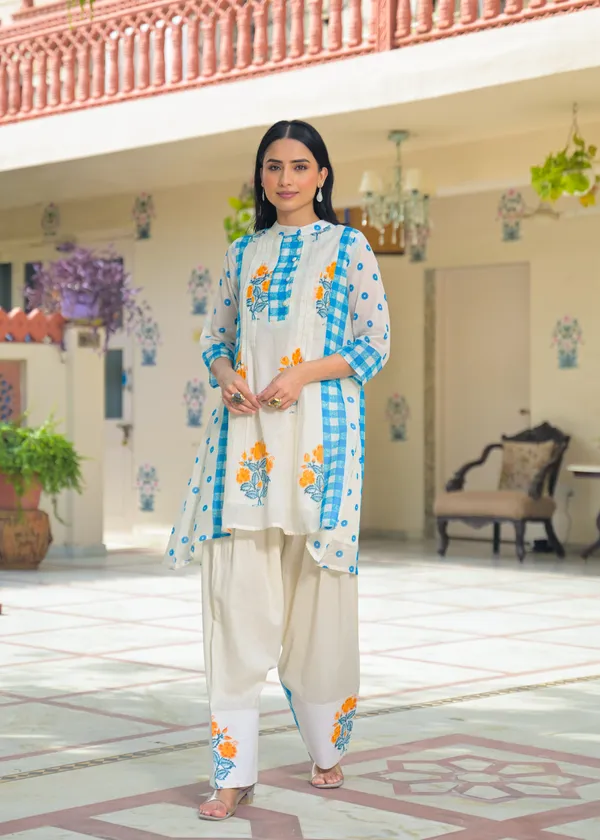 White_Blue_Cotton_A-Line_Floral_Check_Print_Kurta_Palazzo_Set_For_Women