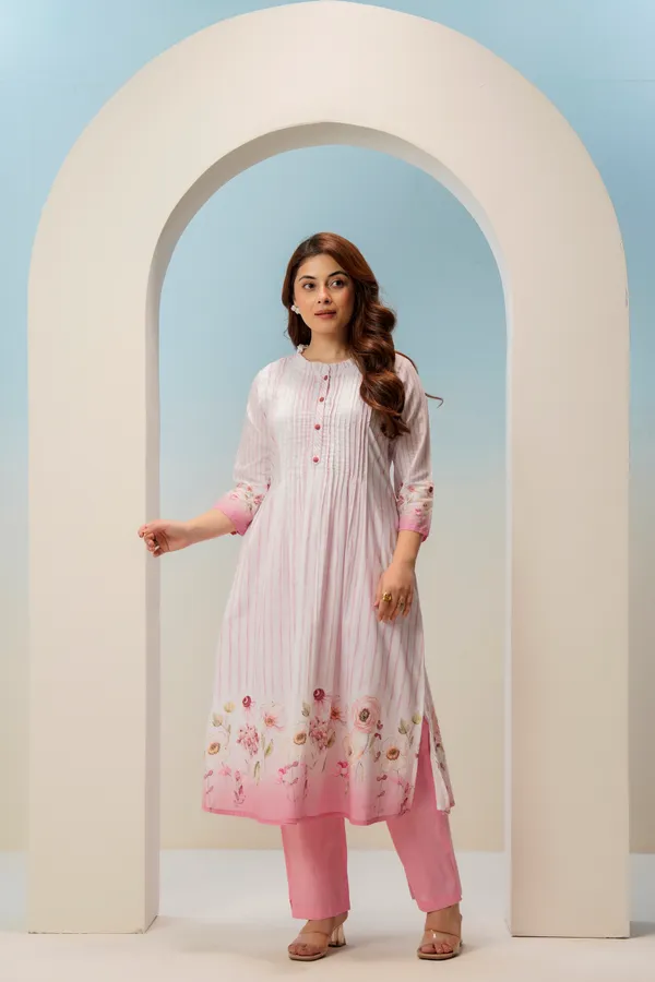 White_Pink_Cotton_A-Line_Striped_Floral_Pintuck_Kurta_For_Women