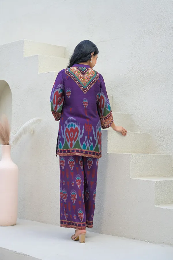 Purple_Cotton_Ikat_Print_Embroidered_Kurta_Palazzo_Set_For_Women