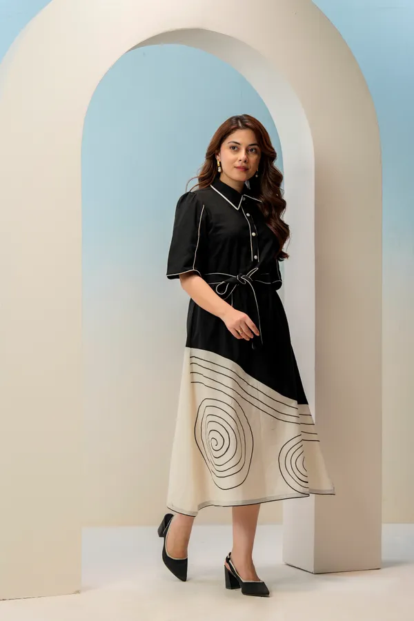 Black_White_Cotton_Colorblock_Midi_Shirt_Dress_For_Women