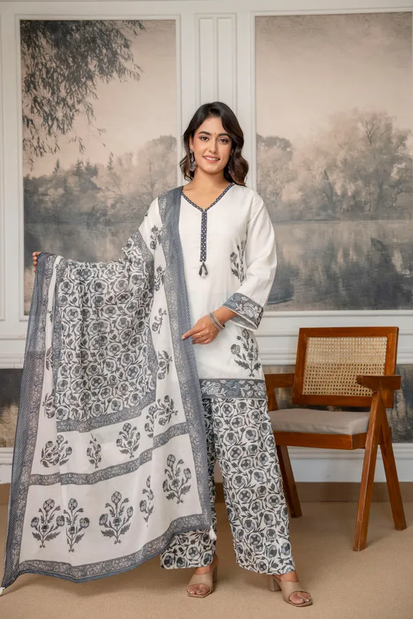 White_Cotton_Floral_Print_Kurta_Palazzo_Set_For_Women