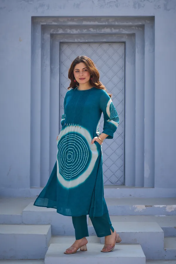 Teal_Cotton_Straight_Shibori_Print_Kurta_Pant_Set_For_Women