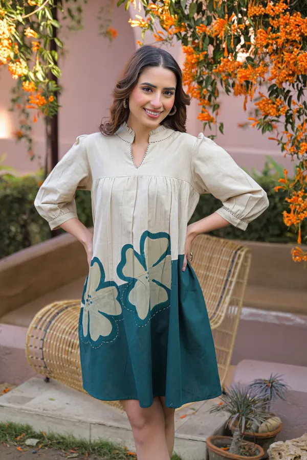 Beige_Teal_Cotton_Colorblock_Shift_Dress_For_Women