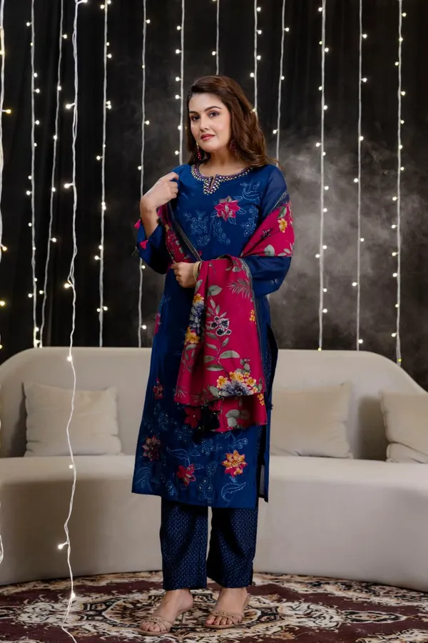 Royal_Blue_Mul_Chanderi_Three_Piece_Suit_Set_For_Women