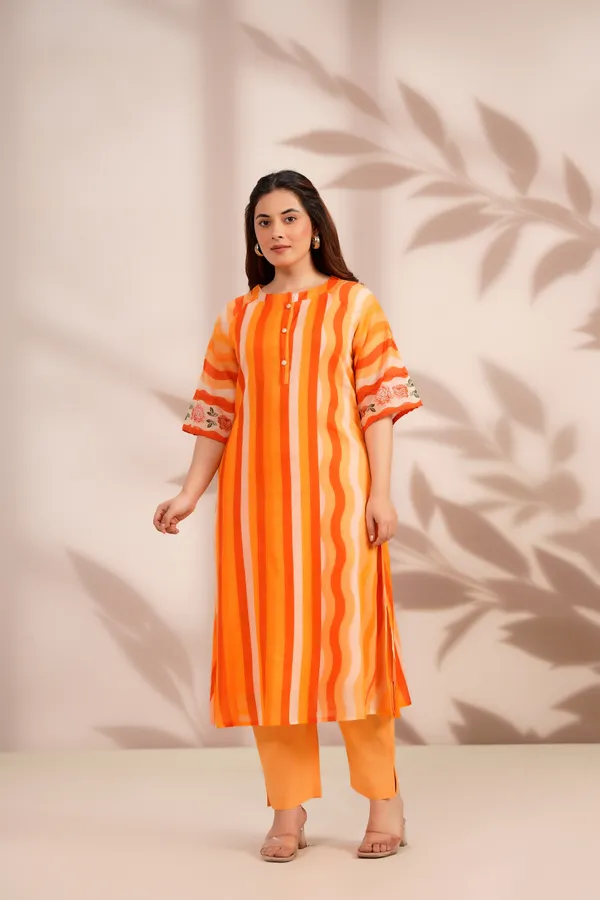 Orange_Cotton_Straight_Striped_Kurta_Pant_Set_For_Women