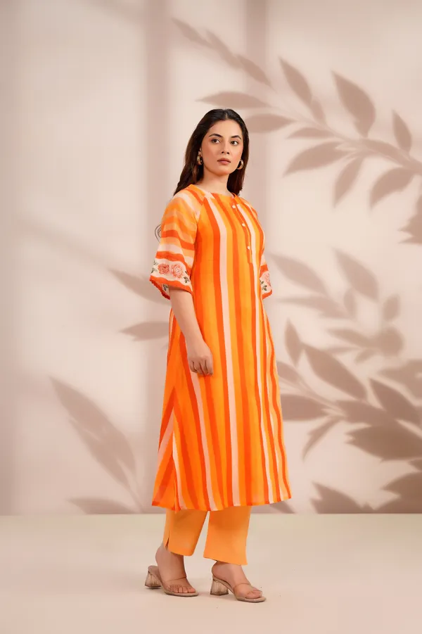 Orange_Cotton_Straight_Striped_Kurta_Pant_Set_For_Women