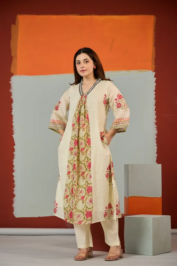 Cream_Cotton_Floral_Print_A-Line_Kurta_Pant_Set_For_Women