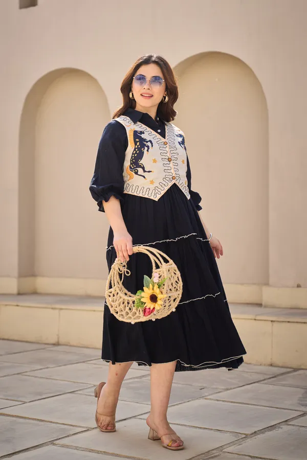 Navy_Cotton_Tiered_Dress_With_Embroidered_Jacket_Set_For_Women