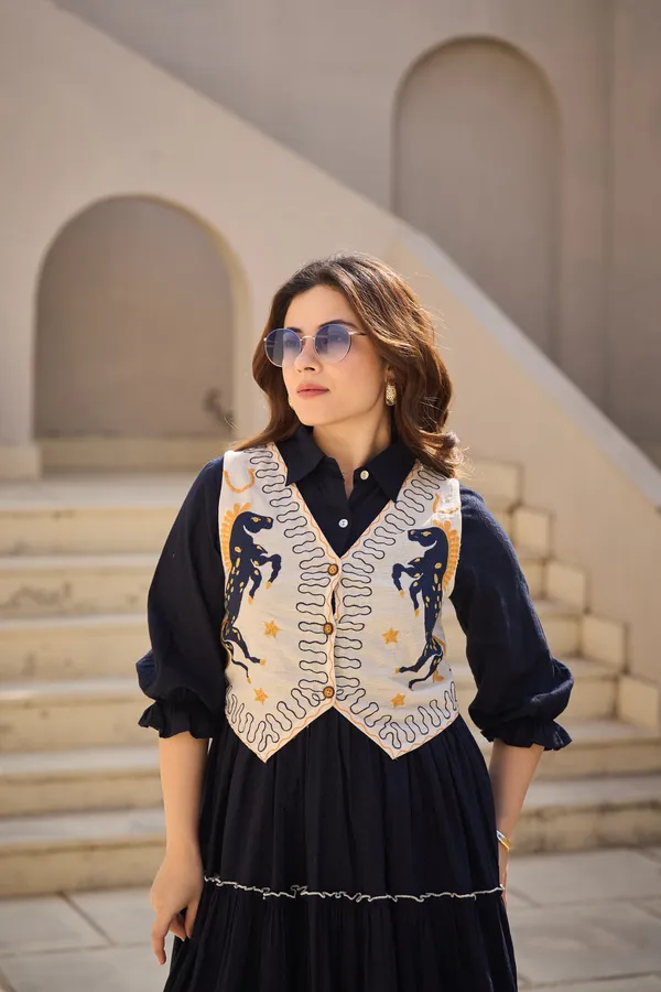 Navy_Cotton_Tiered_Dress_With_Embroidered_Jacket_Set_For_Women
