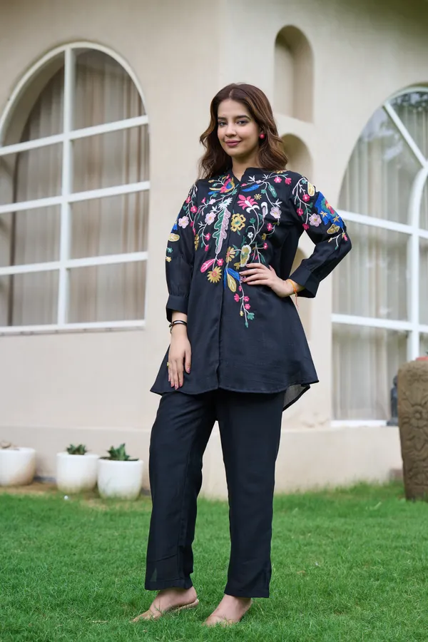 Black_Cotton_Floral_Embroidered_High-Low_Kurta_Set_For_Women