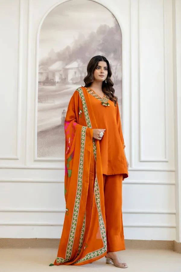 Rust_Crepe_Three_Piece_Suit_Set_For_Women