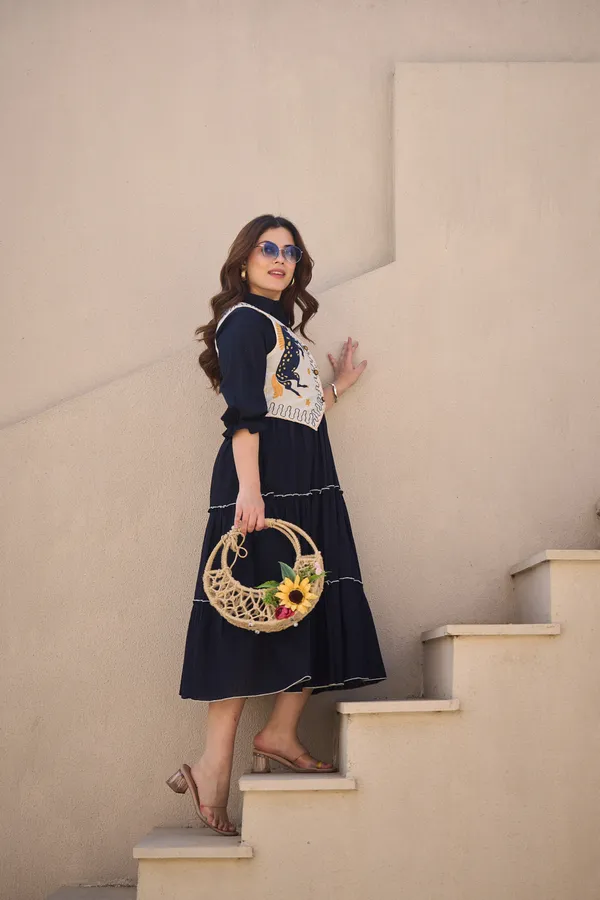 Navy_Cotton_Tiered_Dress_With_Embroidered_Jacket_Set_For_Women