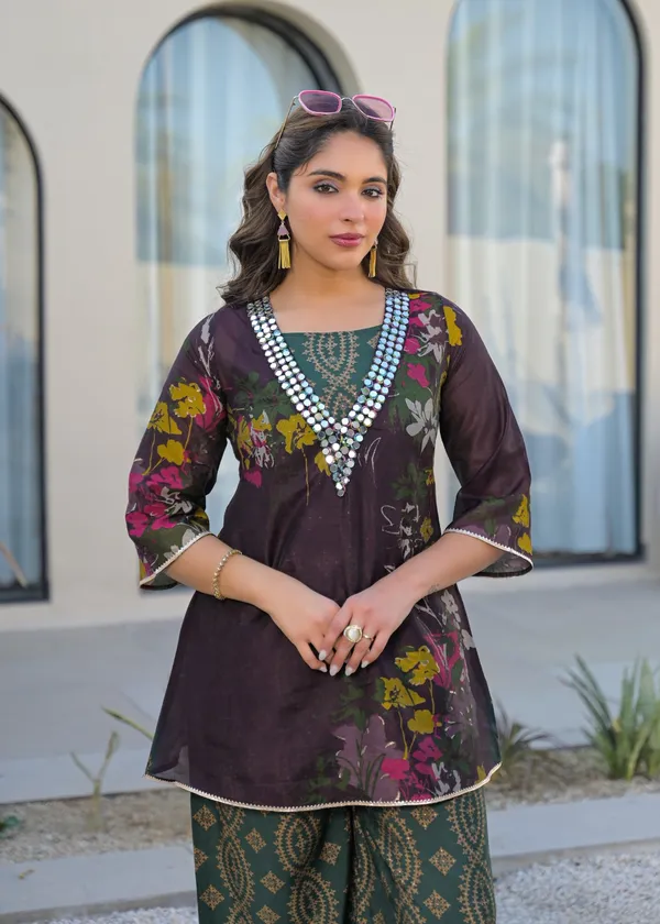 Brown_Green_Crepe_Floral_Print_Embroidered_Kurti_Palazzo_Set_For_Women