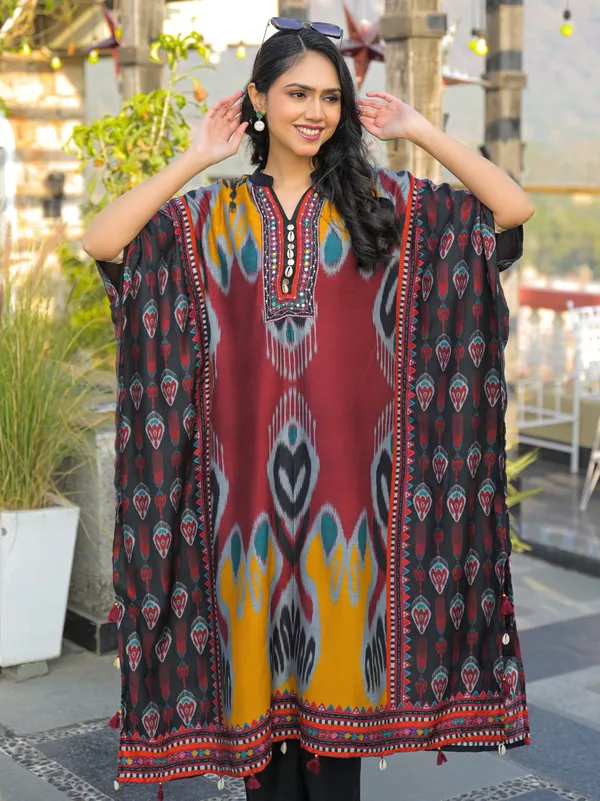Maroon_Cotton_Ikat_Print_Relaxed_Kaftan_Kurta_For_Women