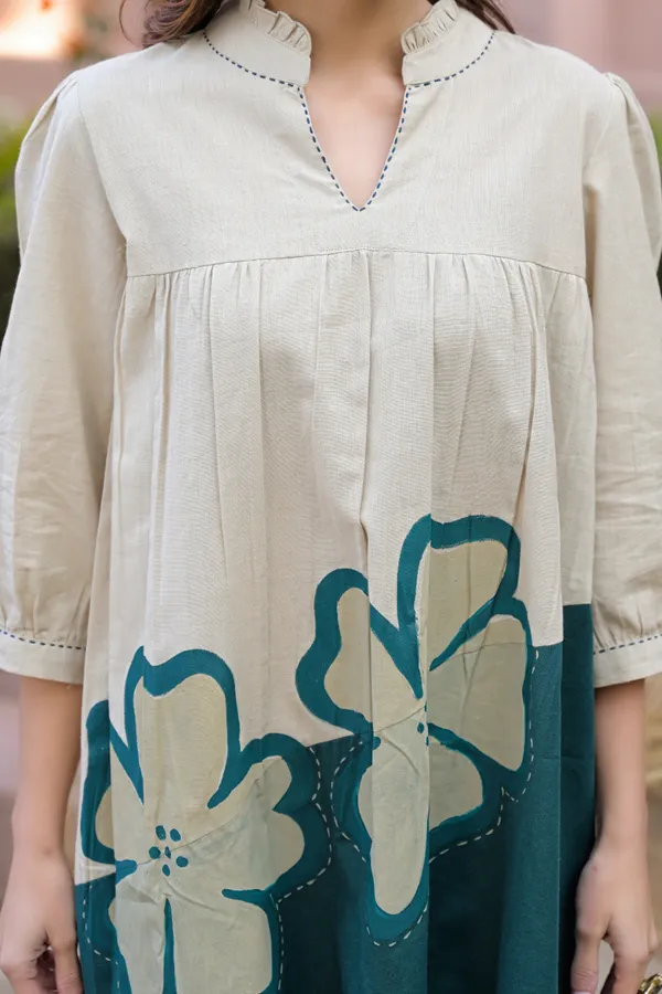 Beige_Teal_Cotton_Colorblock_Shift_Dress_For_Women