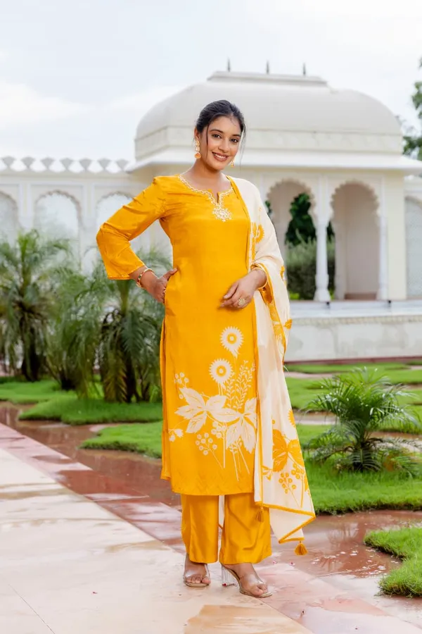 Yellow_Crepe_Three_Piece_Suit_Set_For_Women