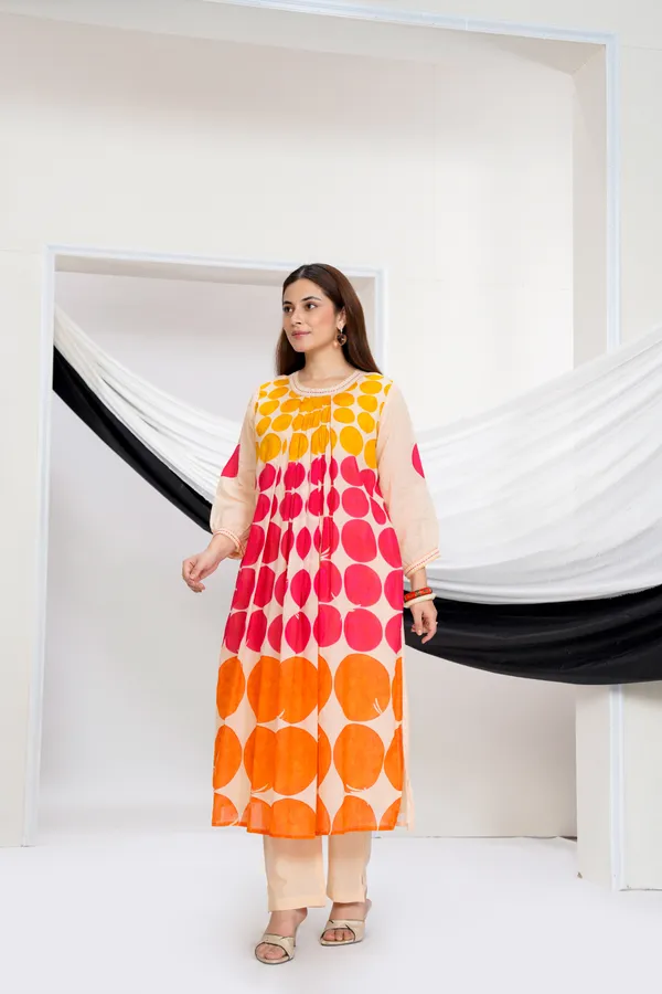 Beige_Cotton_A-Line_Polka_Dot_Print_Kurta_Pant_Set_For_Women