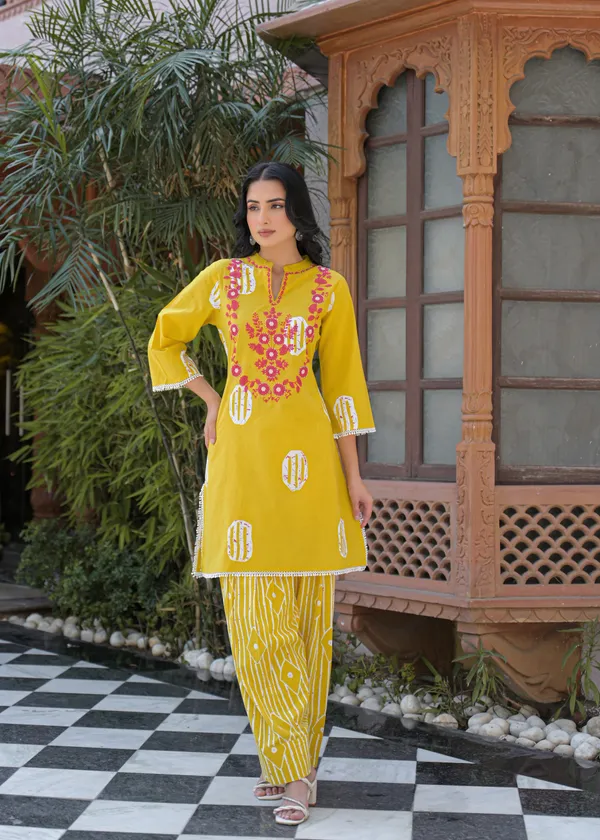 Yellow_Cotton_Straight_Embroidered_Kurta_Palazzo_Set_For_Women