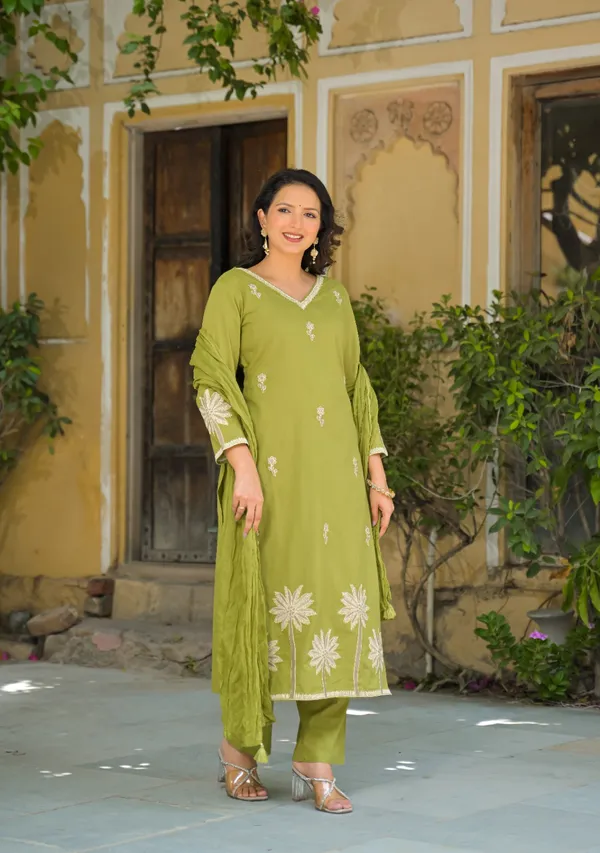 Green_Mul_Cotton_Three_Piece_Suit_Set_For_Women