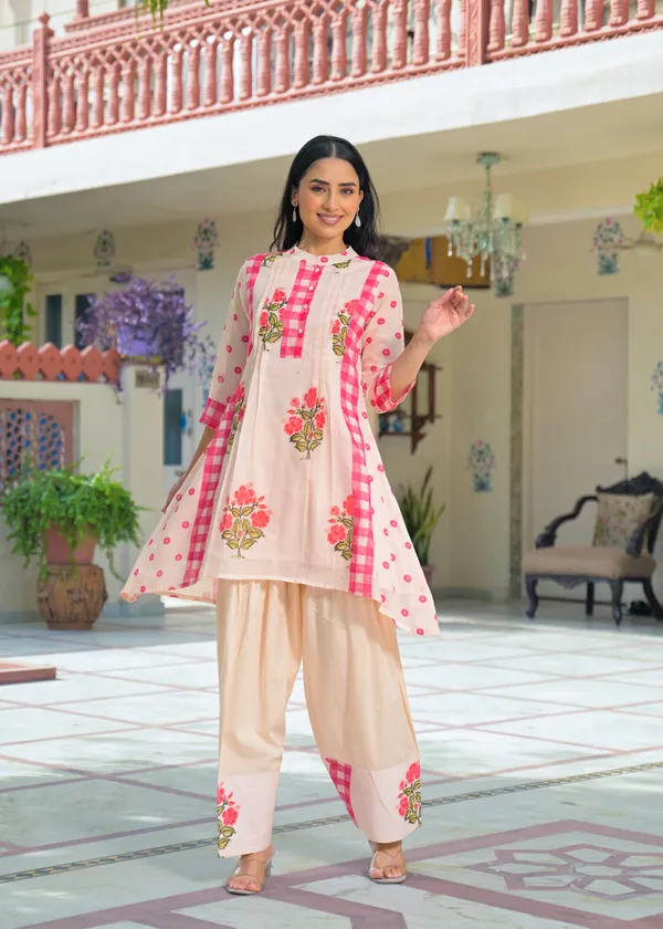 Peach_Cotton_A-Line_Floral_Checkered_Kurta_Set_For_Women