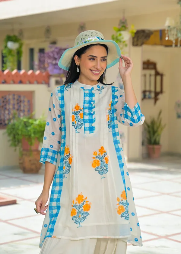 White_Blue_Cotton_A-Line_Floral_Check_Print_Kurta_Palazzo_Set_For_Women