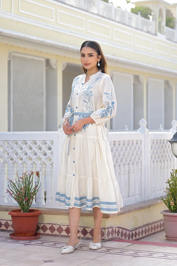 White_Cotton_Floral_Embroidered_Tiered_Midi_Dress_For_Women