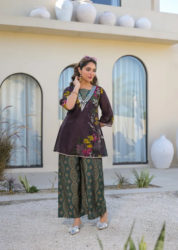 Brown_Green_Crepe_Floral_Print_Embroidered_Kurti_Palazzo_Set_For_Women