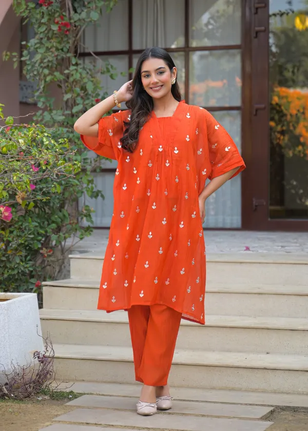 Orange_Cotton_Embroidered_Straight_Kurta_Pant_Set_For_Women