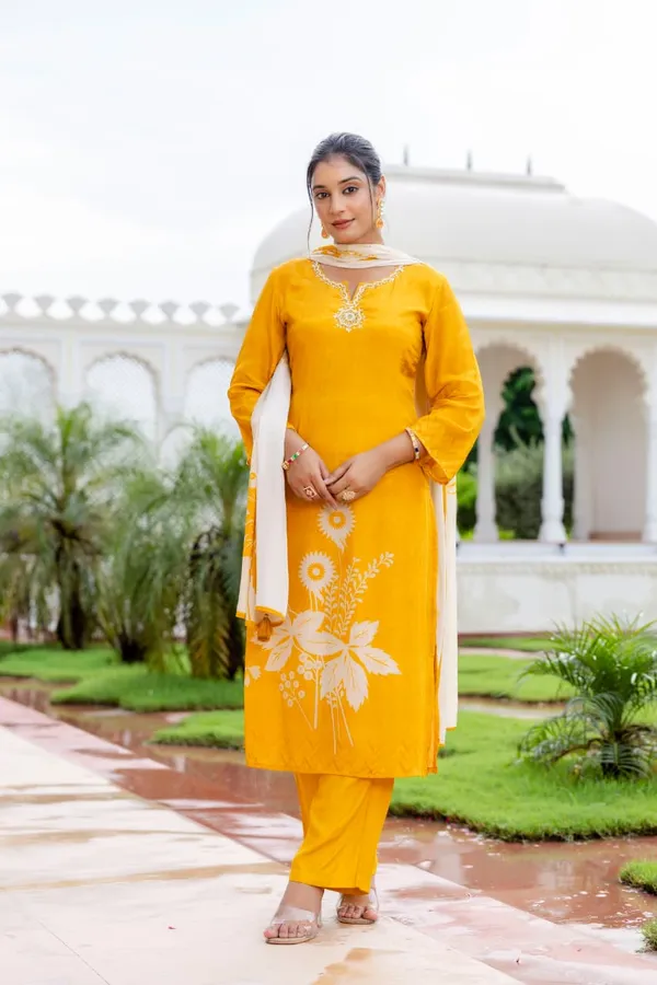 Yellow_Crepe_Three_Piece_Suit_Set_For_Women