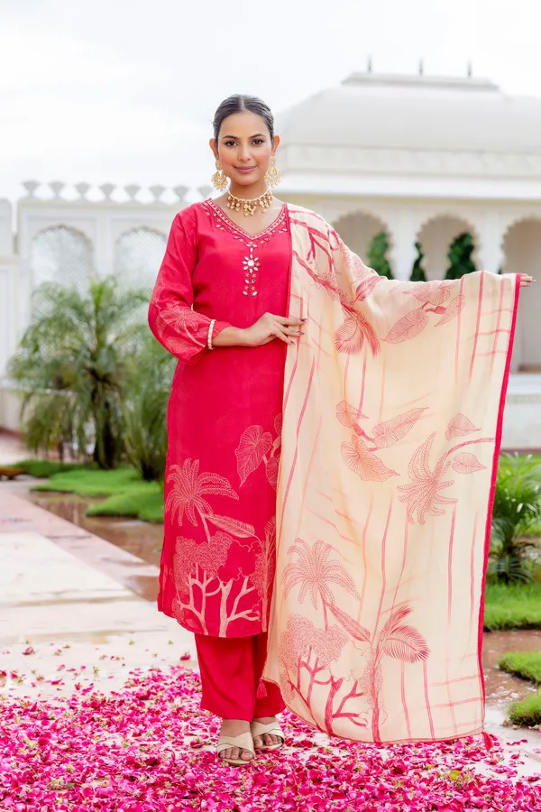 Pink_Cotton_Straight_Palm_Print_Kurta_Dupatta_Set_For_Women