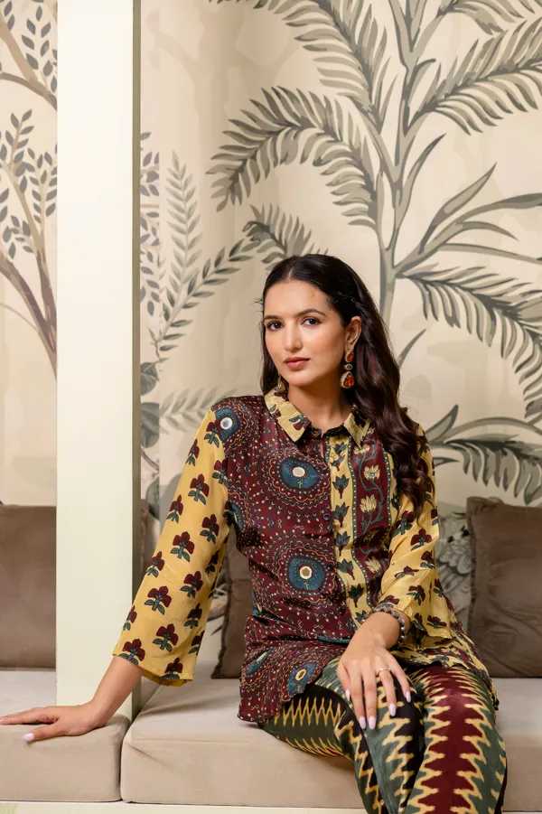 Yellow_Maroon_Cotton_Printed_Collared_Co-Ord_Set_For_Women