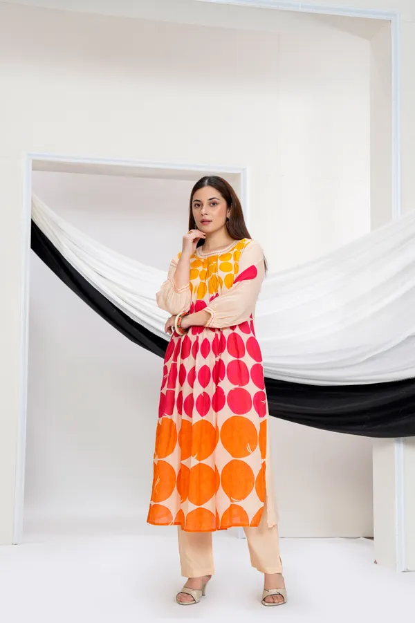 Beige_Cotton_A-Line_Polka_Dot_Print_Kurta_Pant_Set_For_Women