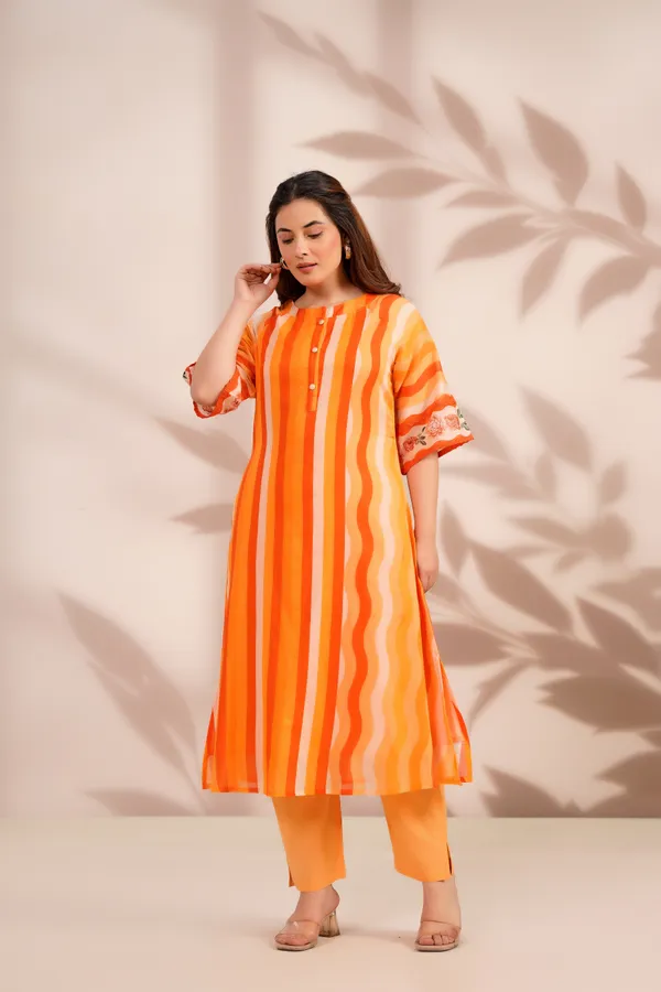 Orange_Cotton_Straight_Striped_Kurta_Pant_Set_For_Women