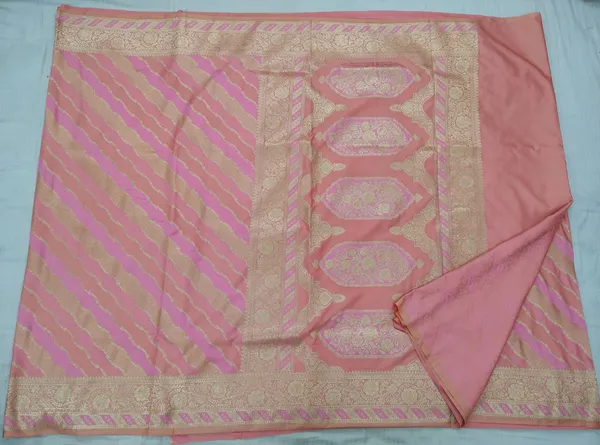 Peach_Pink_Mashru_Silk_Zari_Woven_Diagonal_Banarasi_Saree_For_Women