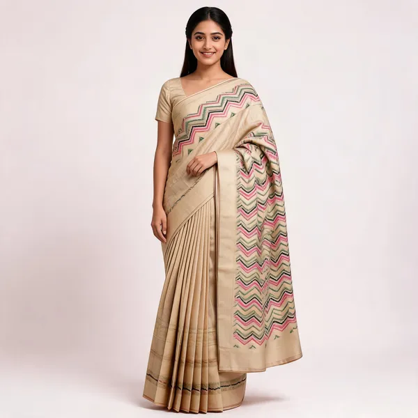 Beige_Katan_Silk_Chevron_Zigzag_Woven_Banarasi_Saree_For_Women