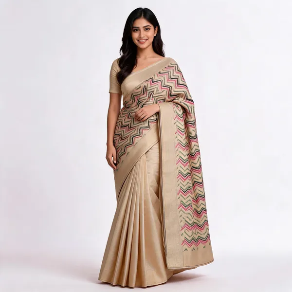 Beige_Katan_Silk_Chevron_Zigzag_Woven_Banarasi_Saree_For_Women