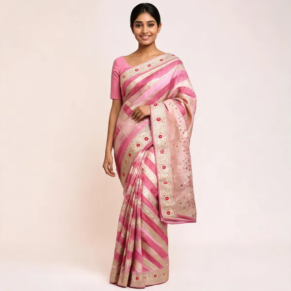 Pink_Organza_Kora_Zari_Woven_Diagonal_Stripe_Banarasi_Saree_For_Women