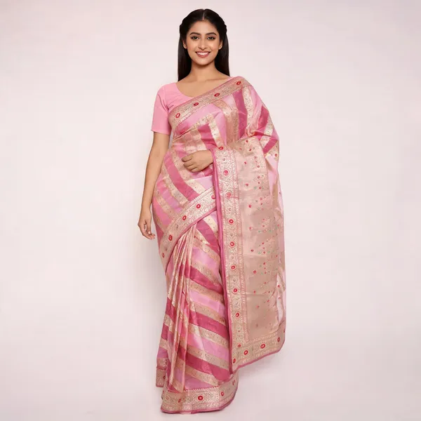Pink_Organza_Kora_Zari_Woven_Diagonal_Stripe_Banarasi_Saree_For_Women