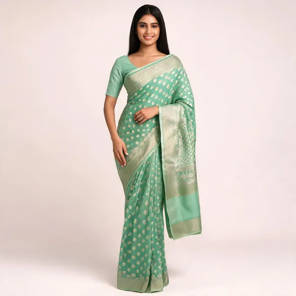 Green_Cotton_Chanderi_Silk_Zari_Motif_Banarasi_Saree_For_Women