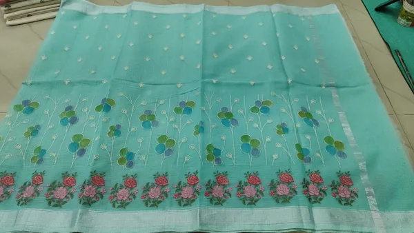 Turquoise_Kota_Silk_Floral_Embroidered_Silver_Border_Saree_For_Women