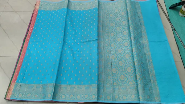 Turquoise_Cotton_Silk_Banarasi_Zari_Woven_Border_Saree_For_Women