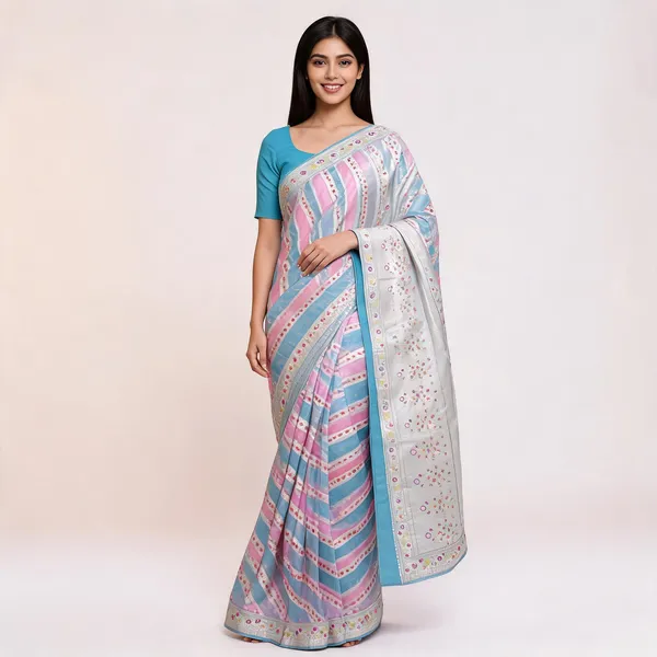Turquoise_Pink_Organza_Kora_Zari_Border_Diagonal_Stripe_Saree_For_Women