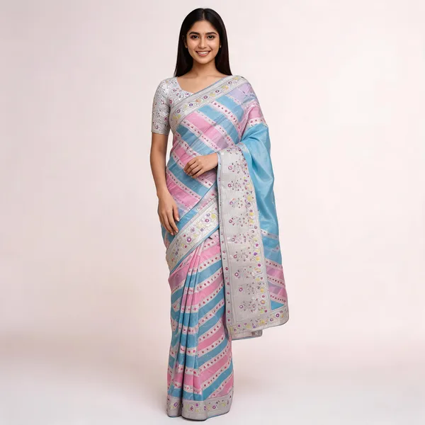Turquoise_Pink_Organza_Kora_Zari_Border_Diagonal_Stripe_Saree_For_Women