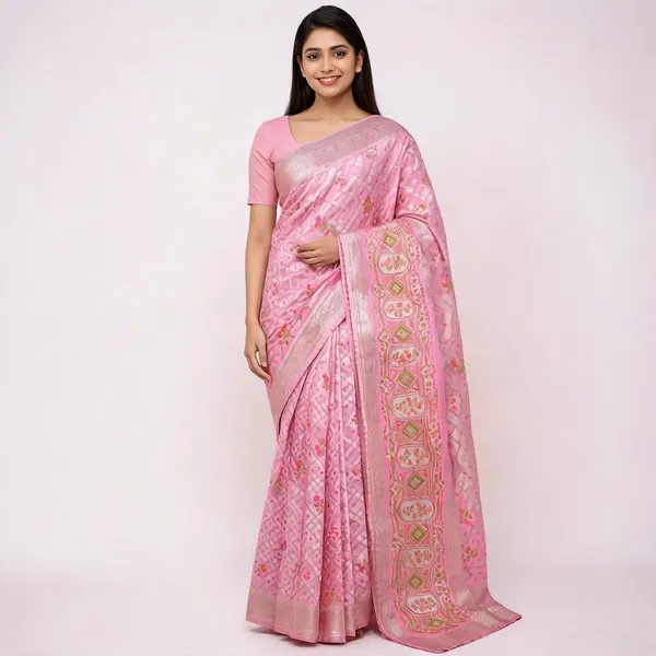 Pink_Katan_Silk_Zari_Floral_Booti_Banarasi_Saree_For_Women