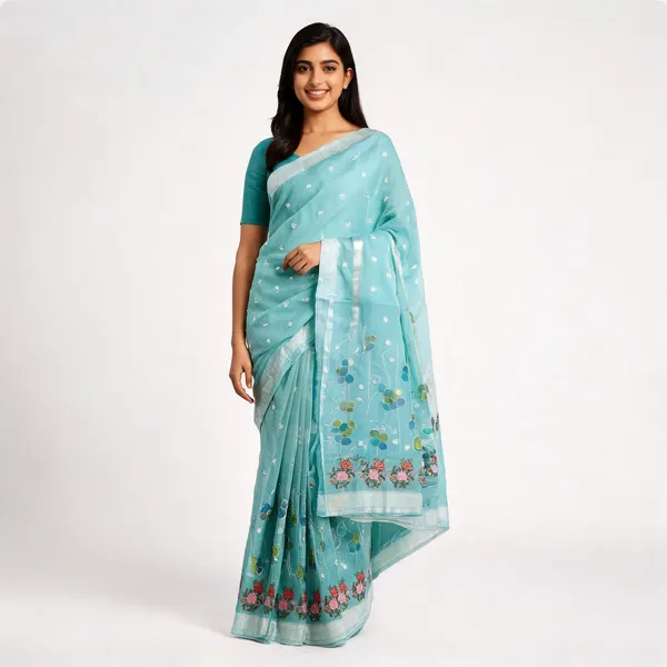 Turquoise_Kota_Silk_Floral_Embroidered_Silver_Border_Saree_For_Women