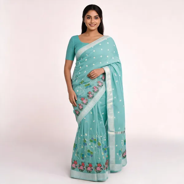 Turquoise_Kota_Silk_Floral_Embroidered_Silver_Border_Saree_For_Women